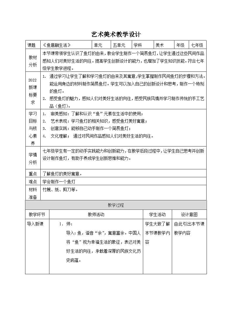 【新教材新课标】岭南版美术七上第13课 《鱼意融生活》核心素养教案+课件01
