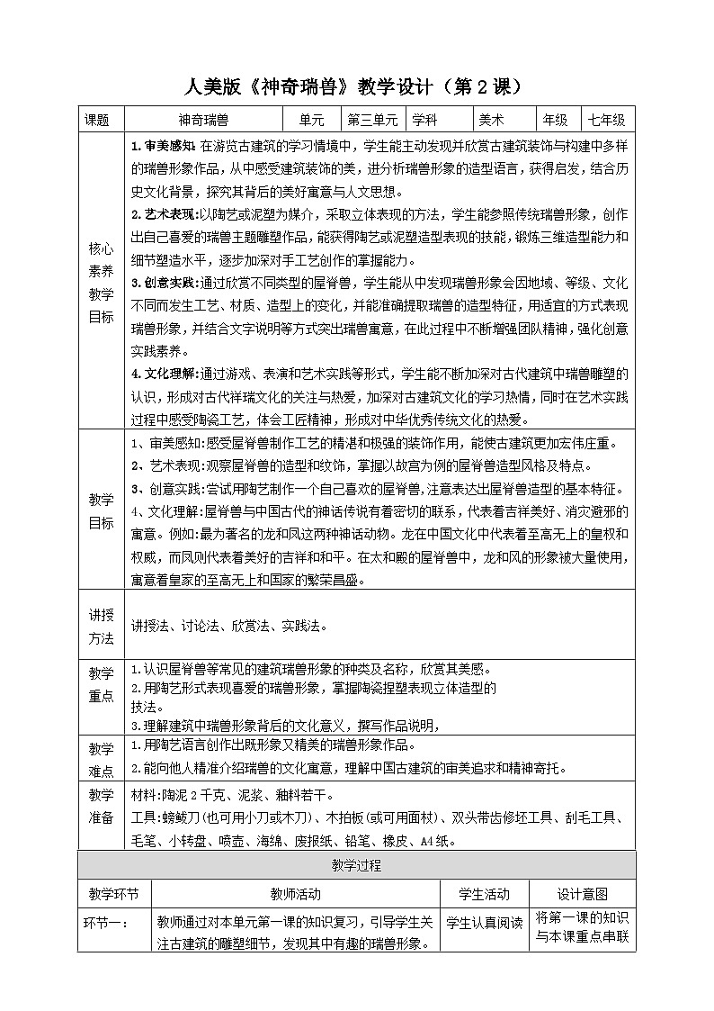 【大单元教学】第2课《神奇瑞兽》教学设计--人美版七上第三单元第1页