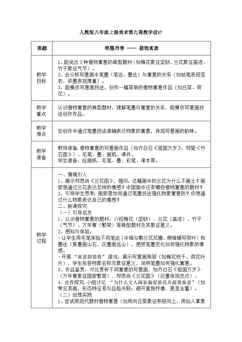 人教版八年级上册美术第九节课《借物寓意》教案第1页