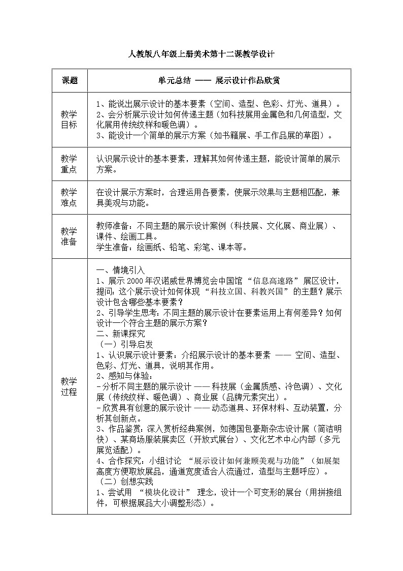 人教版八年级上册美术第十二节课《展示设计作品欣赏》教案第1页