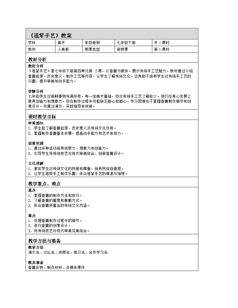 人美版（常锐伦、欧京海）初中美术七下 2 祖辈手艺 教案（表格式）第1页