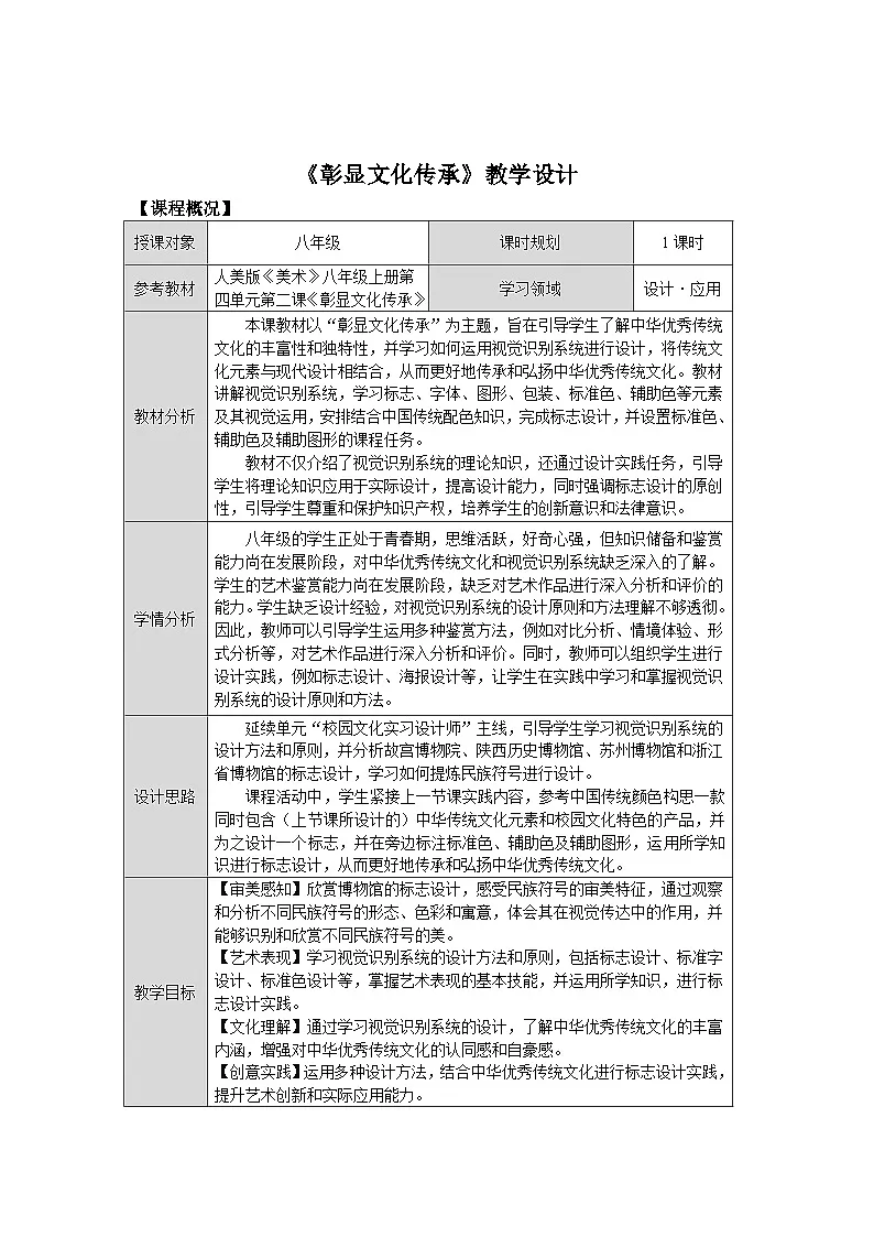 第四单元第二课《彰显文化传承》教学设计2025-2026学年人美版初中美术八年级上册第1页