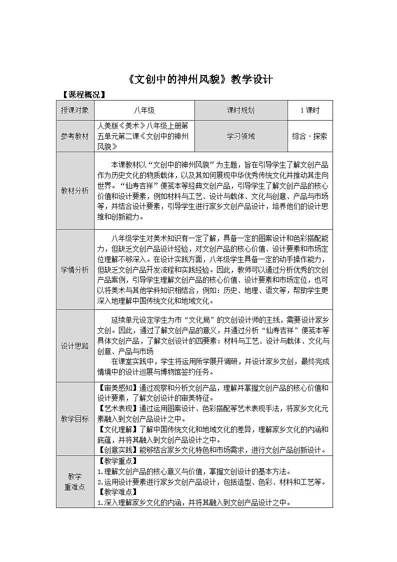 第五单元第二课《文创中的神州风貌》教学设计2025-2026学年人美版初中美术八年级上册第1页