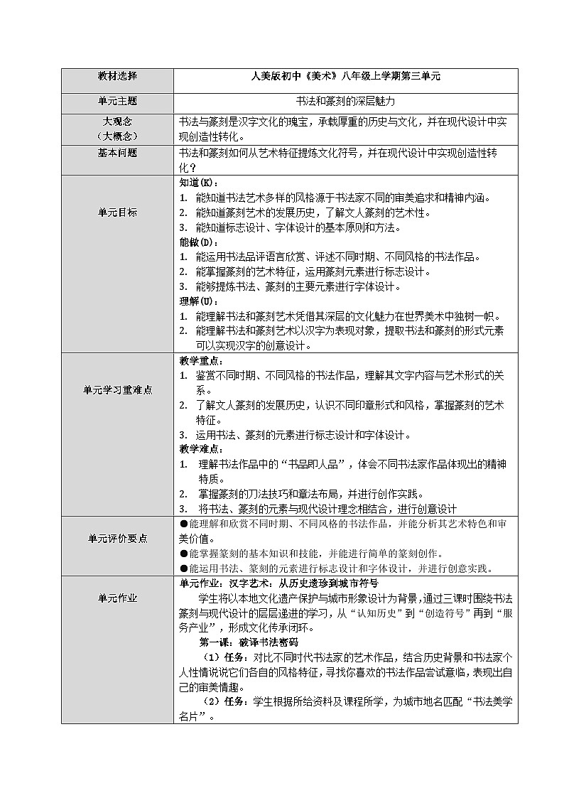 第三单元《书法和篆刻的深层魅力》单元教学设计2025-2026学年人美版初中美术八年级上册第1页