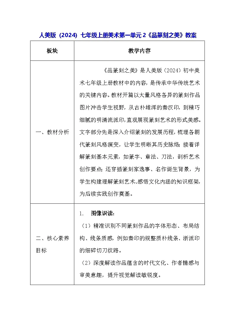 人美版（2024）七年级上册美术第一单元2《品篆刻之美》教案第1页