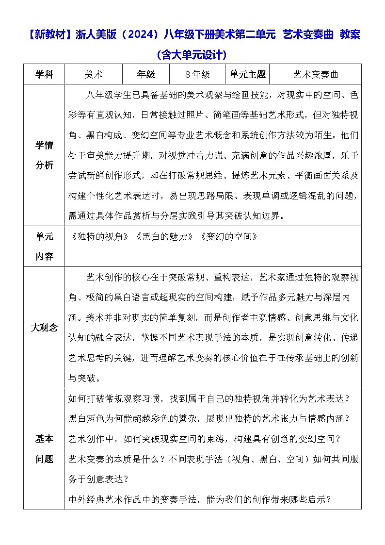 【新教材】浙美版（2024）八年级下册美术第二单元 艺术变奏曲 教案【表格式】（含大单元设计）第1页