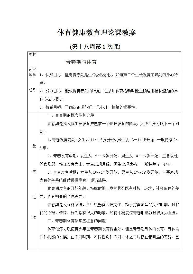 人教版初中体育 九年级全一册  青春期与体育  教案01