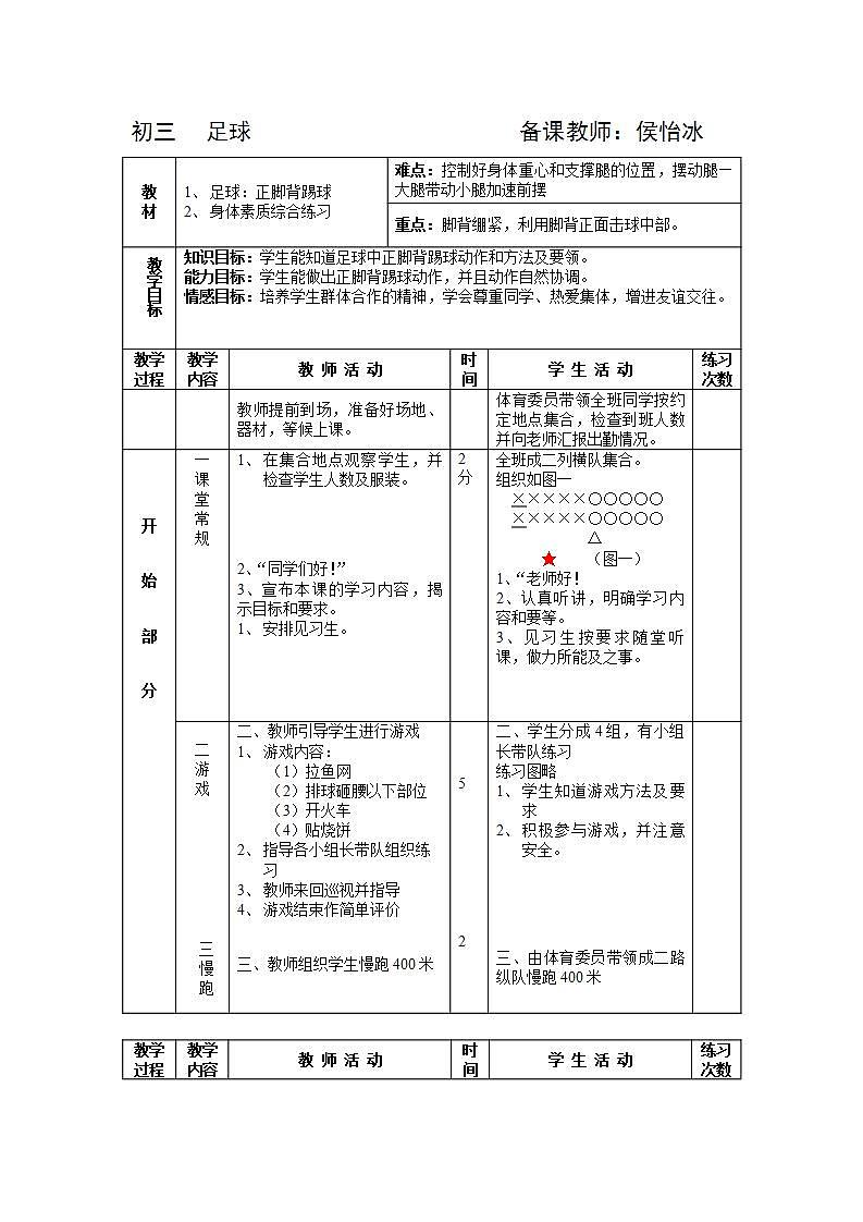 人教版初中体育 九年级全一册  足球教案01