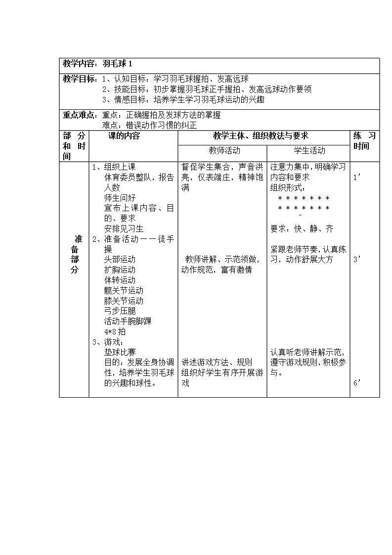 人教版初中体育 九年级全一册  《羽毛球》教案第1页