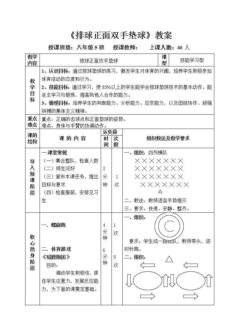 第五章  排球——排球正面双手垫球 教案- 2021-2022学年初中《体育与健康》人教版八年级全一册-第2页