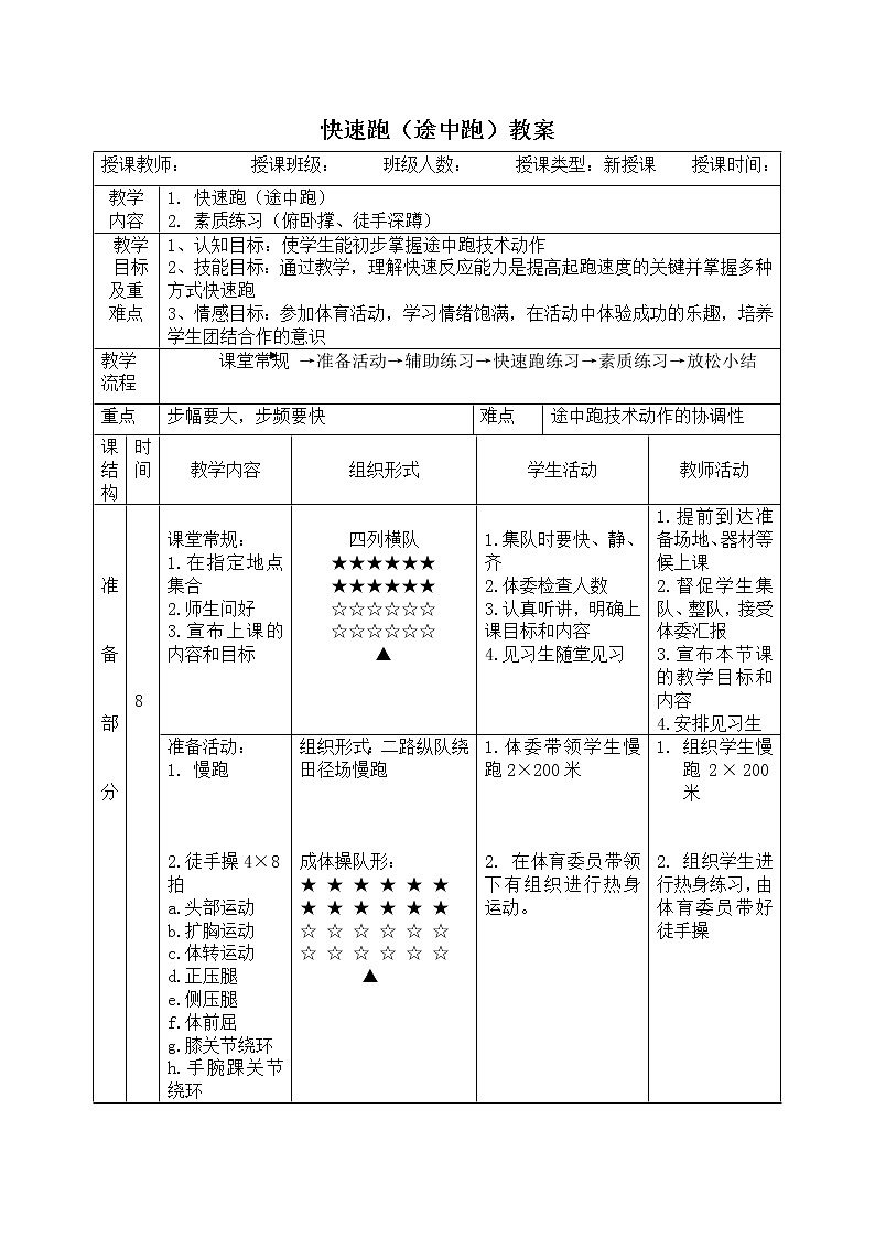 第二章田径快速跑（途中跑）教案-2021-2022学年人教版体育与健康八年级全一册第1页