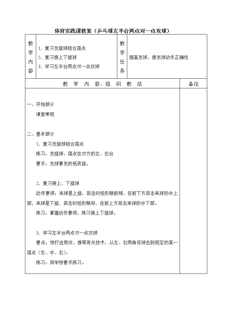 体育实践课教案（乒乓球左半台两点对一点攻球）01