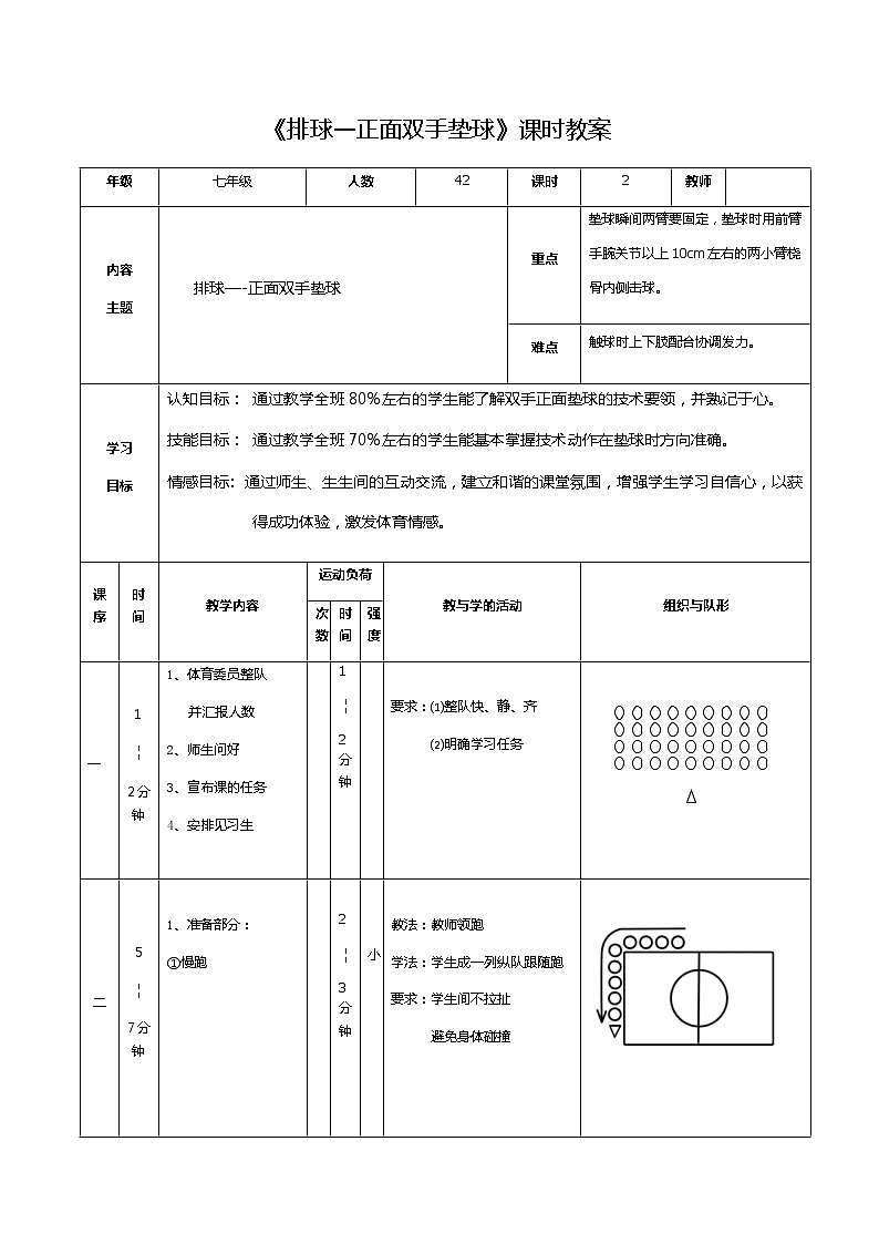 《排球—正面双手垫球》课时教案-2021-2022学年人教版初中《体育与健康》七年级全一册（表格式）第1页