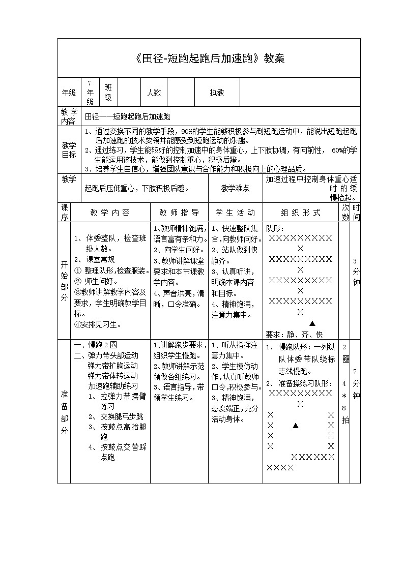 《田径-短跑起跑后加速跑》教案-2021-2022学年人教版初中《体育与健康》七年级全一册（表格式）第1页