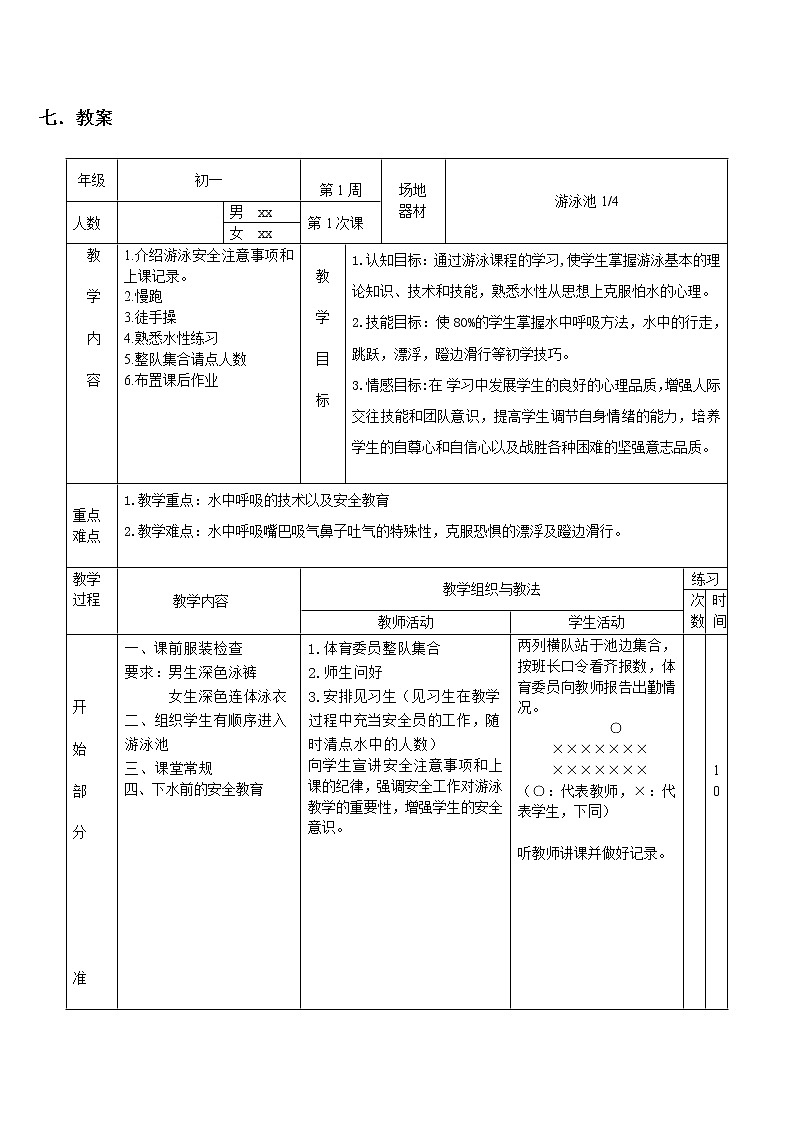人教版七年级体育 9.1熟悉水性 教案03