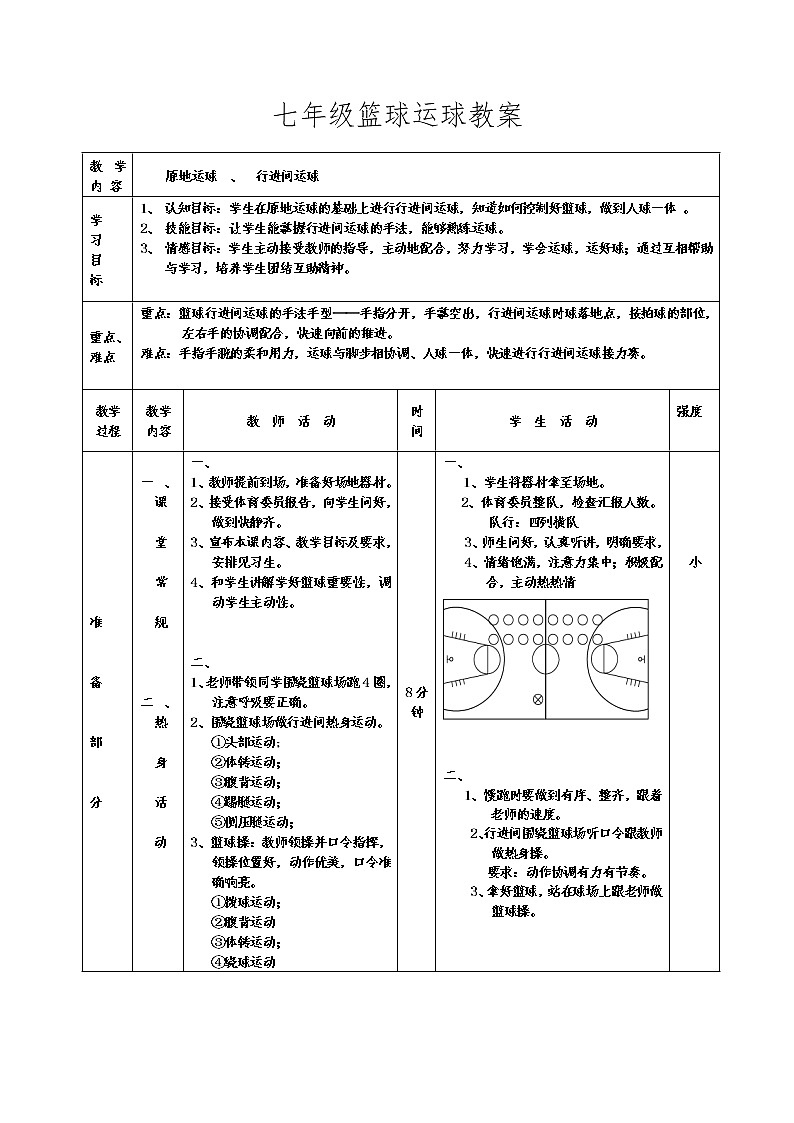 第四章篮球——原地运球行进间运球教案2021-2022学年人教版七年级全一册01