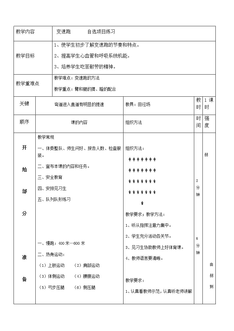 第二章田径——变速跑教案2021-2022学年人教版初中体育与健康八年级全一册第1页