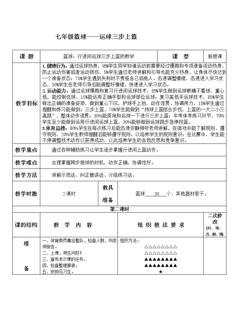 第四章篮球——运球三步上篮教学设计2021—2022学年人教版体育与健康七年级全一册01