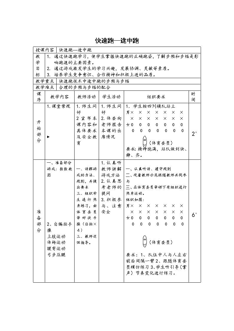 第二章田径快速跑—途中跑教学设计2021—2022学年人教版体育与健康七年级全一册第1页