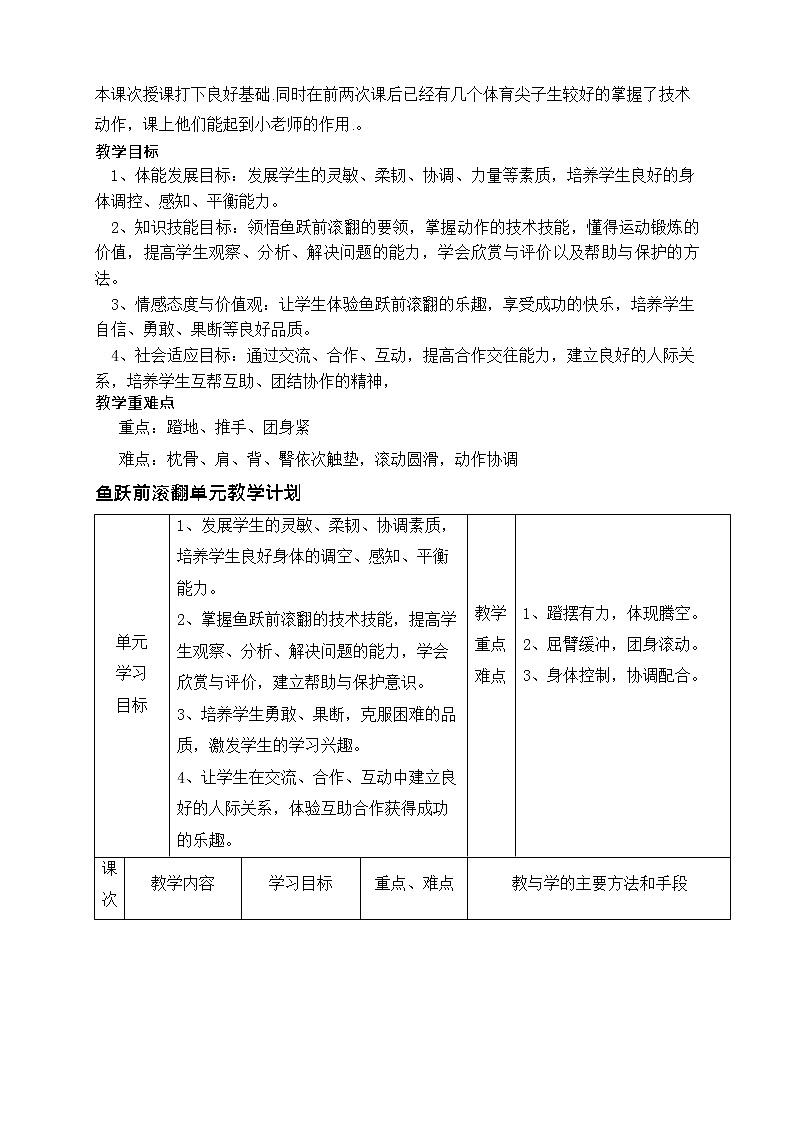 第七章体操——鱼跃前滚翻单元教学计划2021—2022学年人教版体育与健康七年级全一册教案第2页