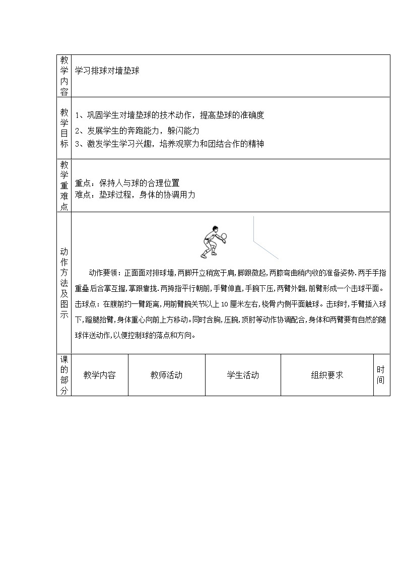 第五章排球——学习排球对墙垫球教案2021—2022学年人教版体育八年级下册第1页