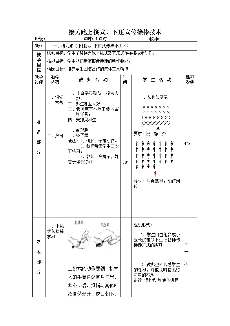 第二章田径类运动接力跑上挑式、下压式传接棒技术教案2021—2022学年华东师大版体育七年级全一册第1页