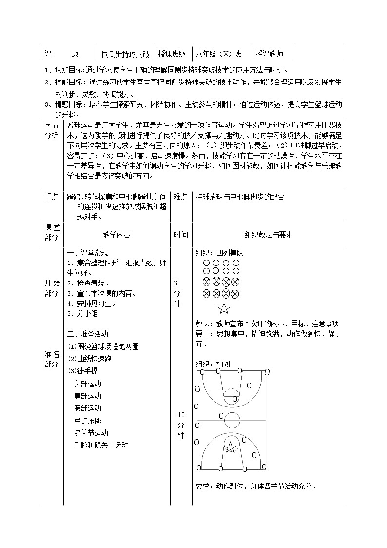 人教版八年级 体育与健康 第四章 篮球同侧步突破技术(1)（教案）01