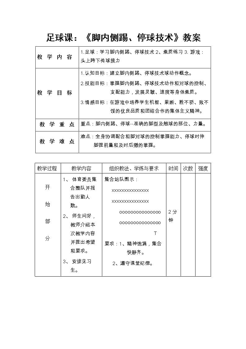 人教版七年级体育 3.1足球 脚背正面、内侧踢球 教案第1页