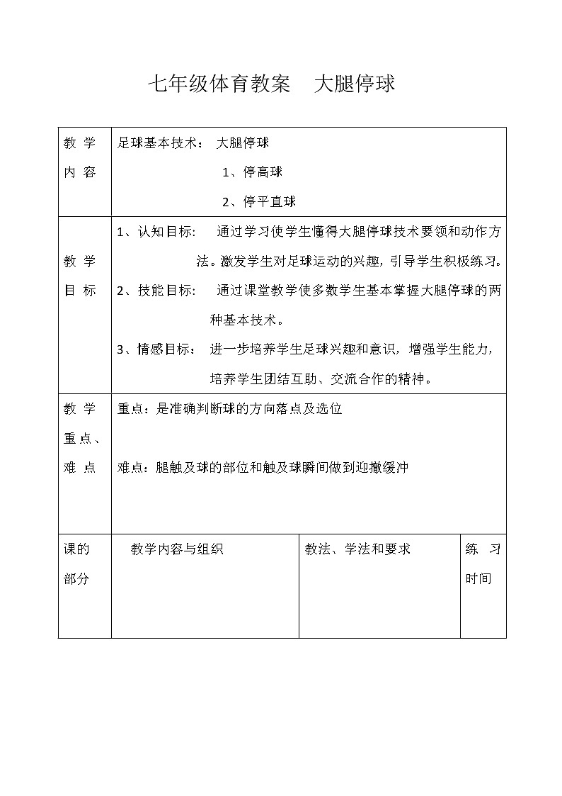 人教版七年级体育 3.2足球 大腿、胸部接球 教案第1页
