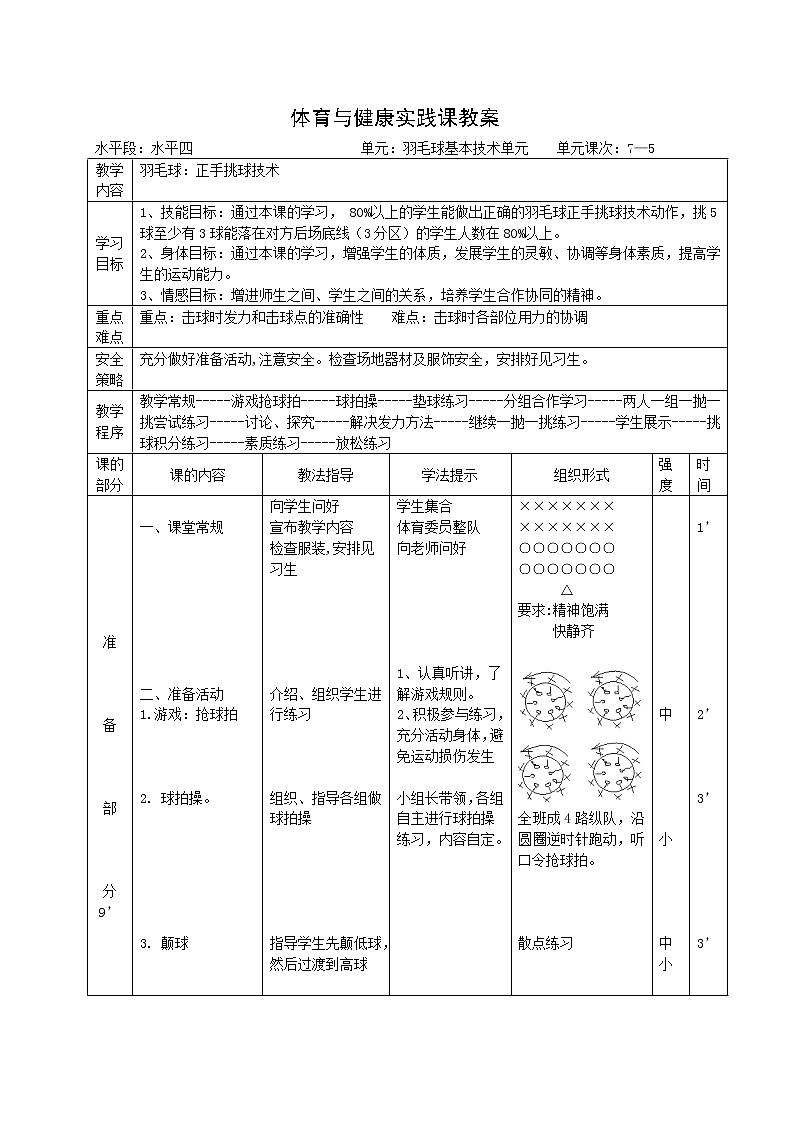 第三章球类运动羽毛球：正手挑球（教案）2021—2022学年华东师大版体育八年级全一册第1页