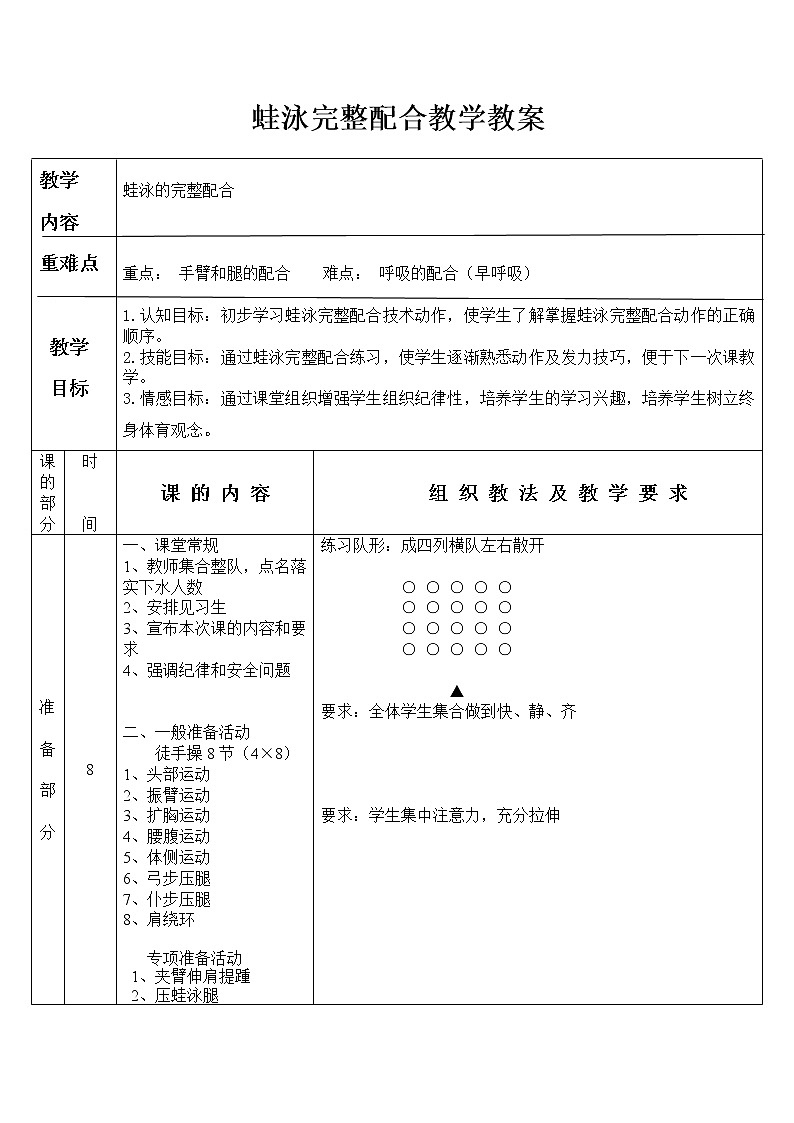 人教版七年级体育 9蛙泳完整配合作  教案第1页