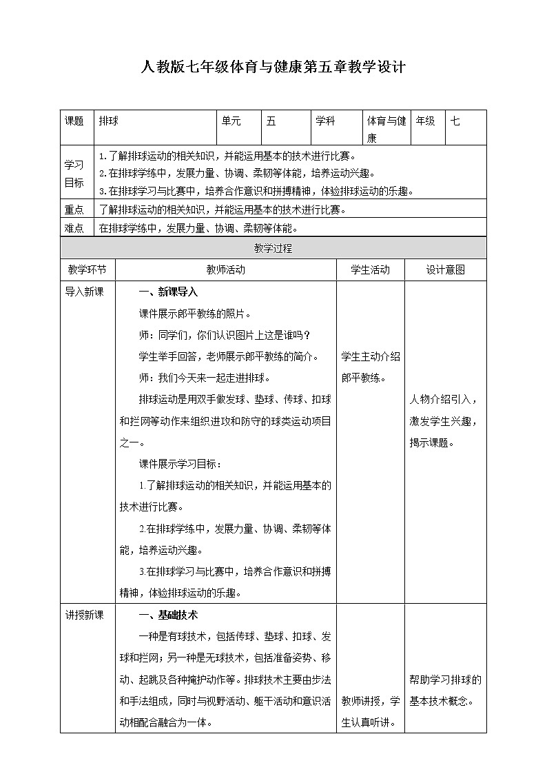 人教版七年级全一册体育  第五章《排球》（课件+教案）01