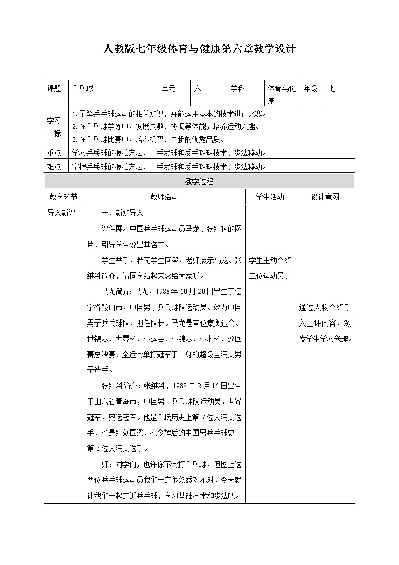 人教版七年级全一册体育  第六章《乒乓球》（课件+教案）01