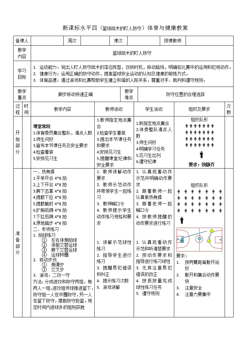 新课标人教版体育与健康水平四七八年级篮球战术盯人防守第1页