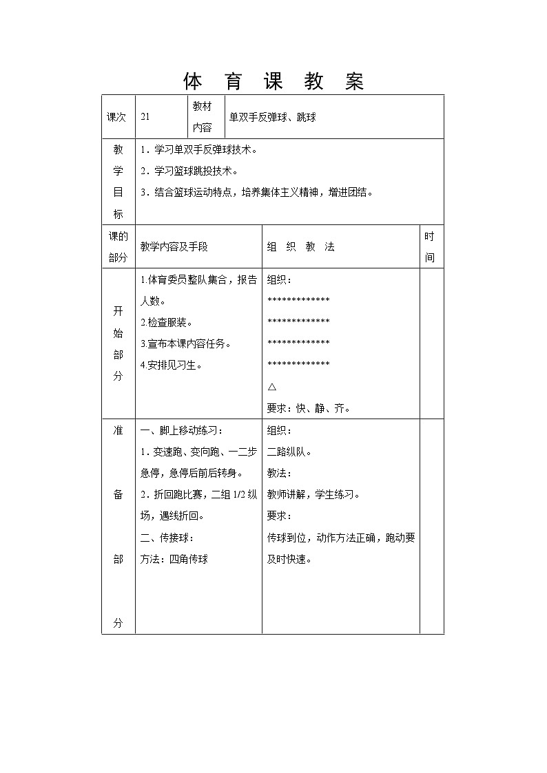 单双手反弹球、跳球 教案------初中体育人教版八年级全一册01