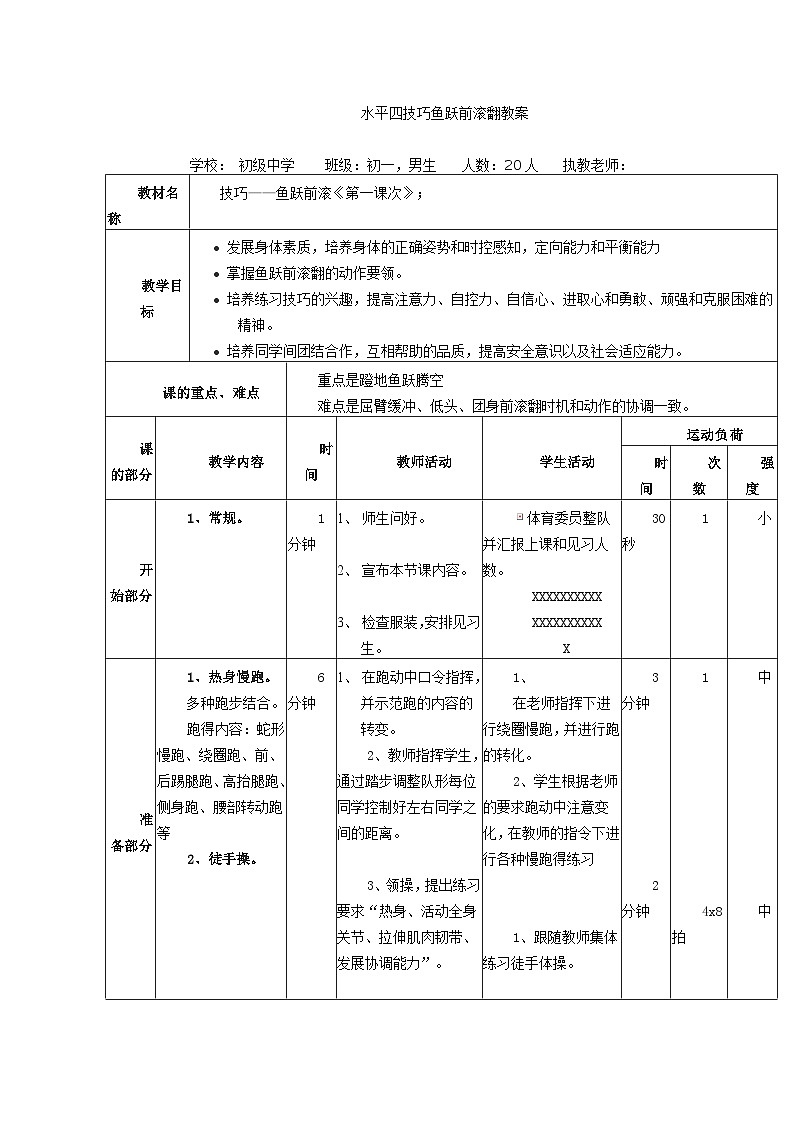 人教版水平四八年级体操前滚翻 教学设计 2022年初中体育01