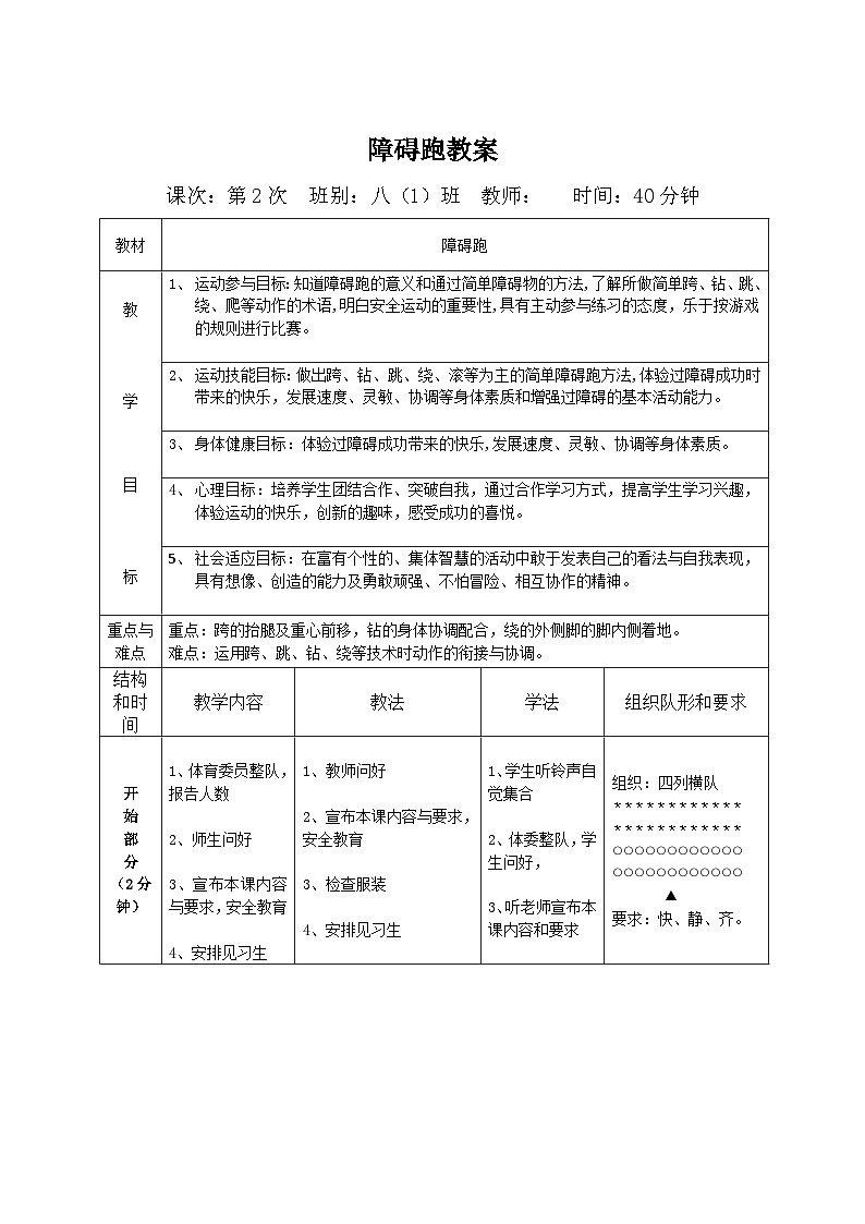 第二章 田径 障碍跑（教案）人教版体育八年级全一册第1页