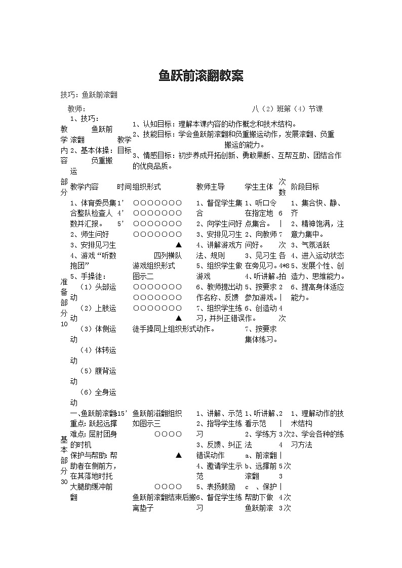 人教版八年级体育 7.1鱼跃前滚翻 教案01