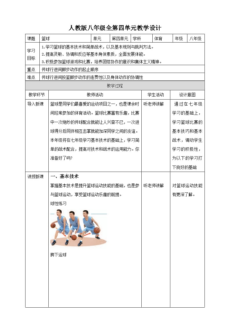 【掌控课堂】人教版  初中体育与健康 八年级 第四章《篮球》 教案第1页