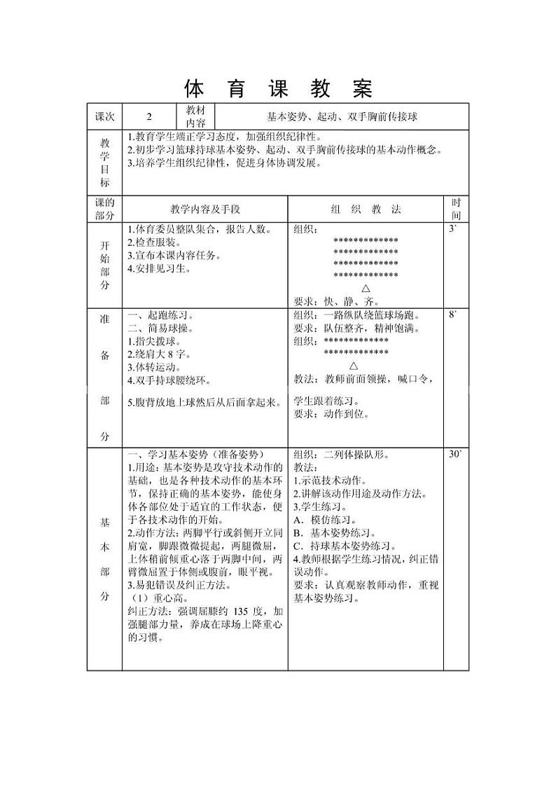 初中体育与健康人教版 初一篮球基本姿势、起动、双手胸前传接球教案01