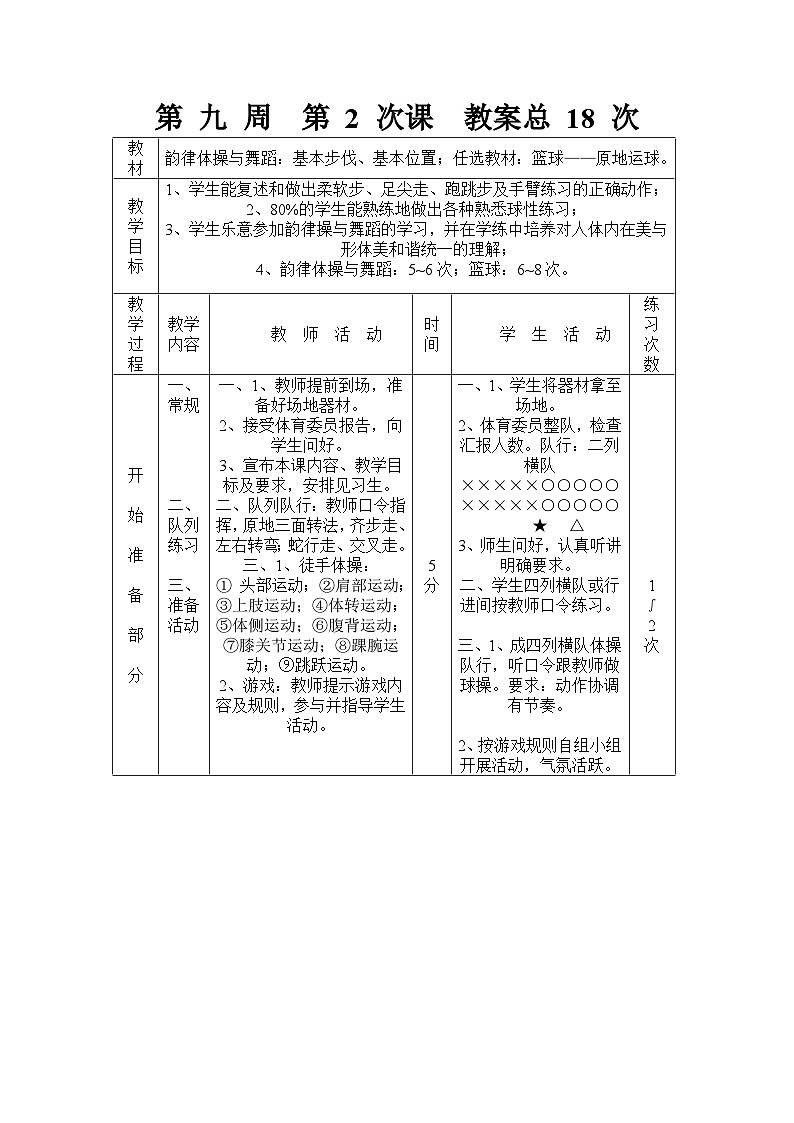 人教版体育与健康初中体育八年级韵律体操与舞蹈：基本步伐、基本位置教案01