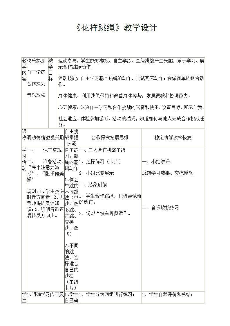 初中体育与健康 人教版 花样跳绳教学设计01