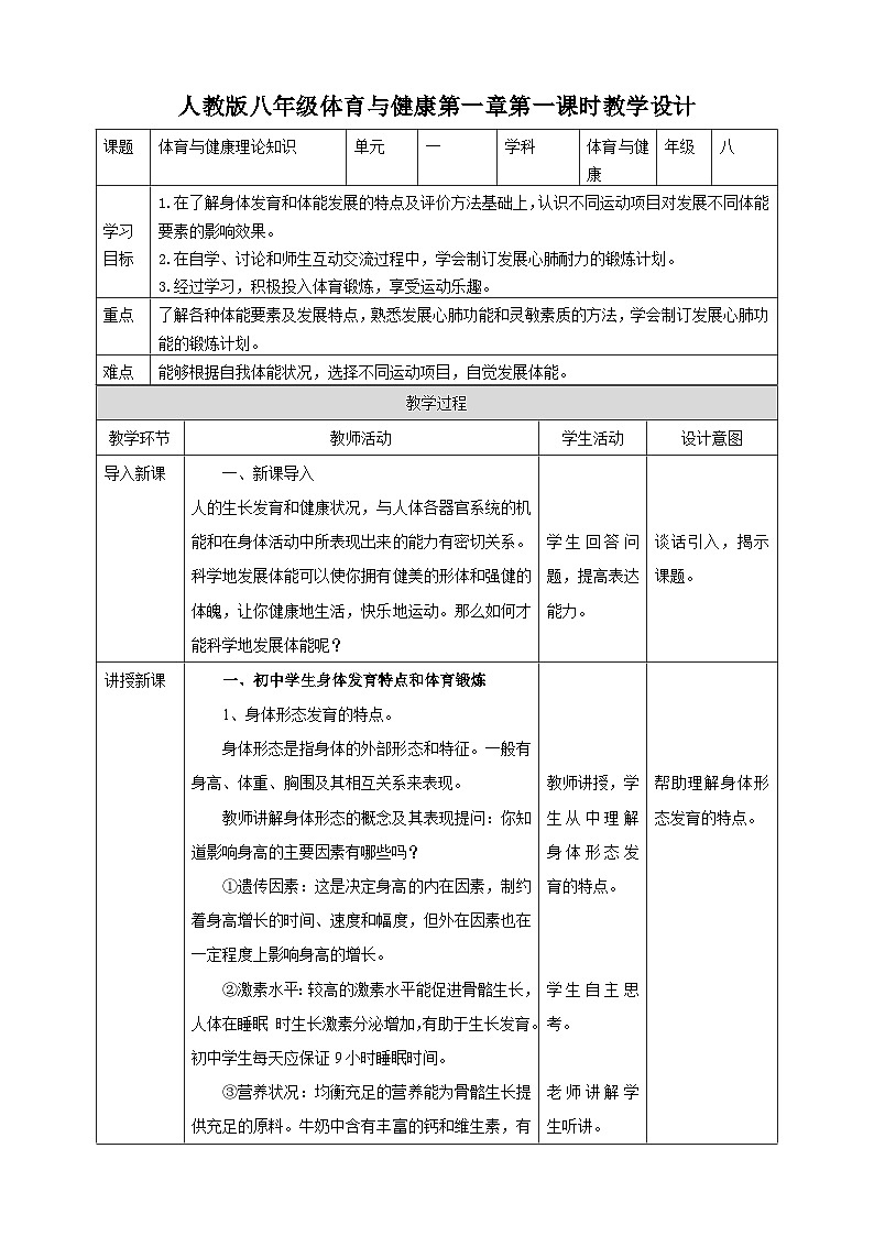 人教版八年级 第一章《体育与健康理论知识》第一课时教案第1页