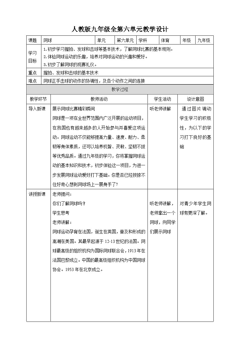人教版体育九年级《网球》教案第1页