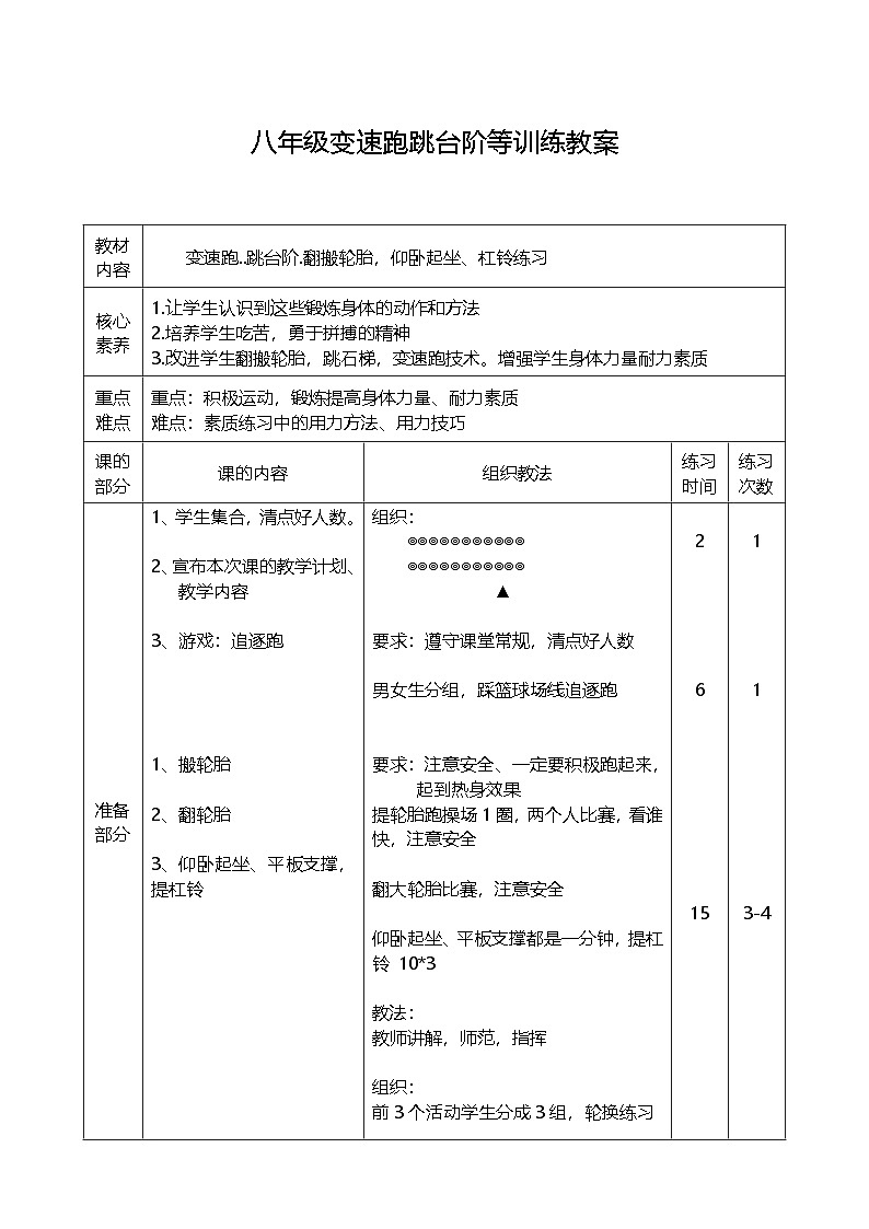 八年级  第二章  田径类运动的基本技术   变速跑跳台阶等训练教案01