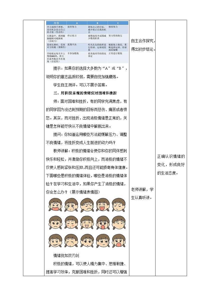 人教版体育七年级全册 第一章《体育与健康理论知识》第5课时 勇敢面对挫折和困难 教案第3页