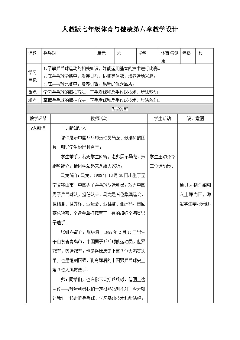 人教版体育七年级全册 第六章《乒乓球》教案第1页