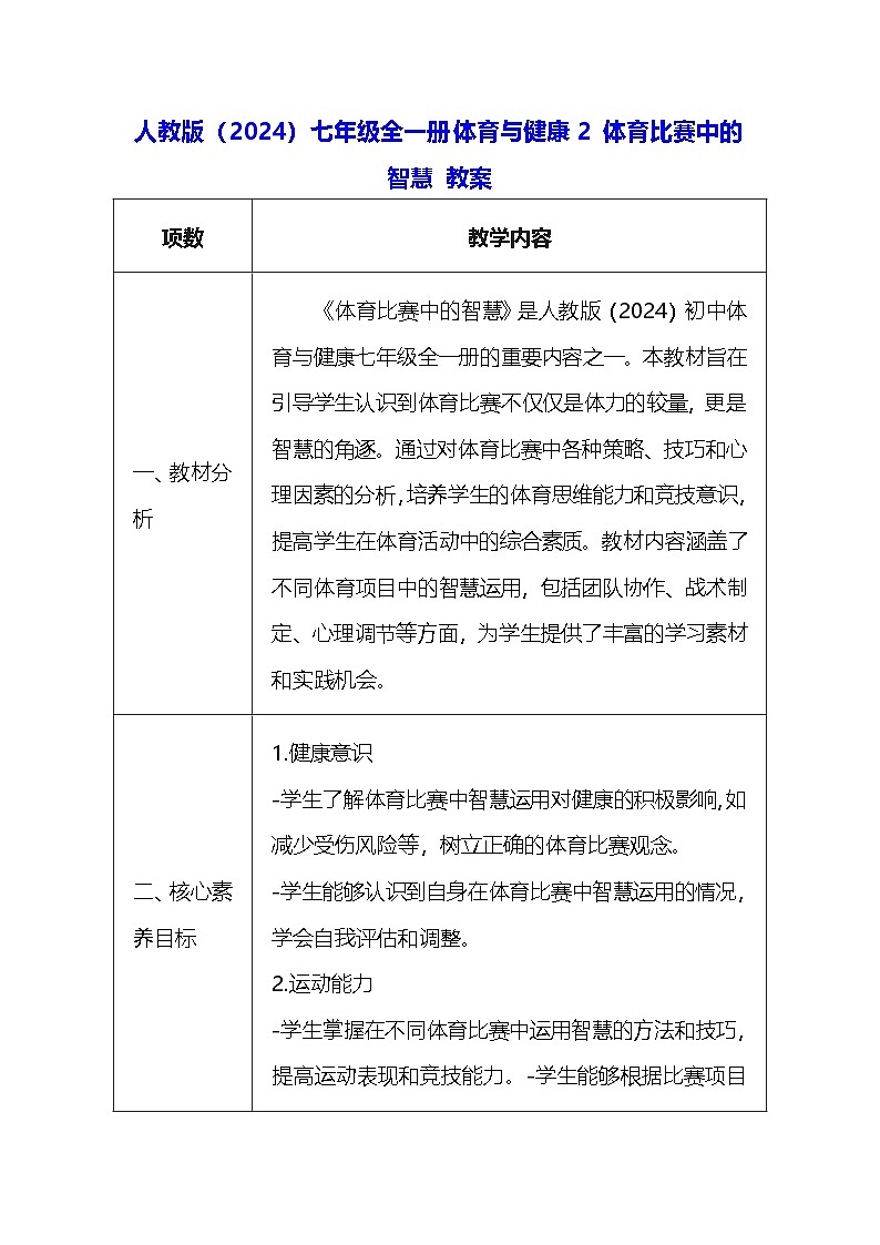 人教版（2024）七年级全一册体育与健康2 体育比赛中的智慧 教案第1页