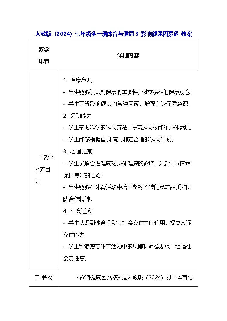 人教版（2024）七年级全一册体育与健康3 影响健康因素多 教案第1页
