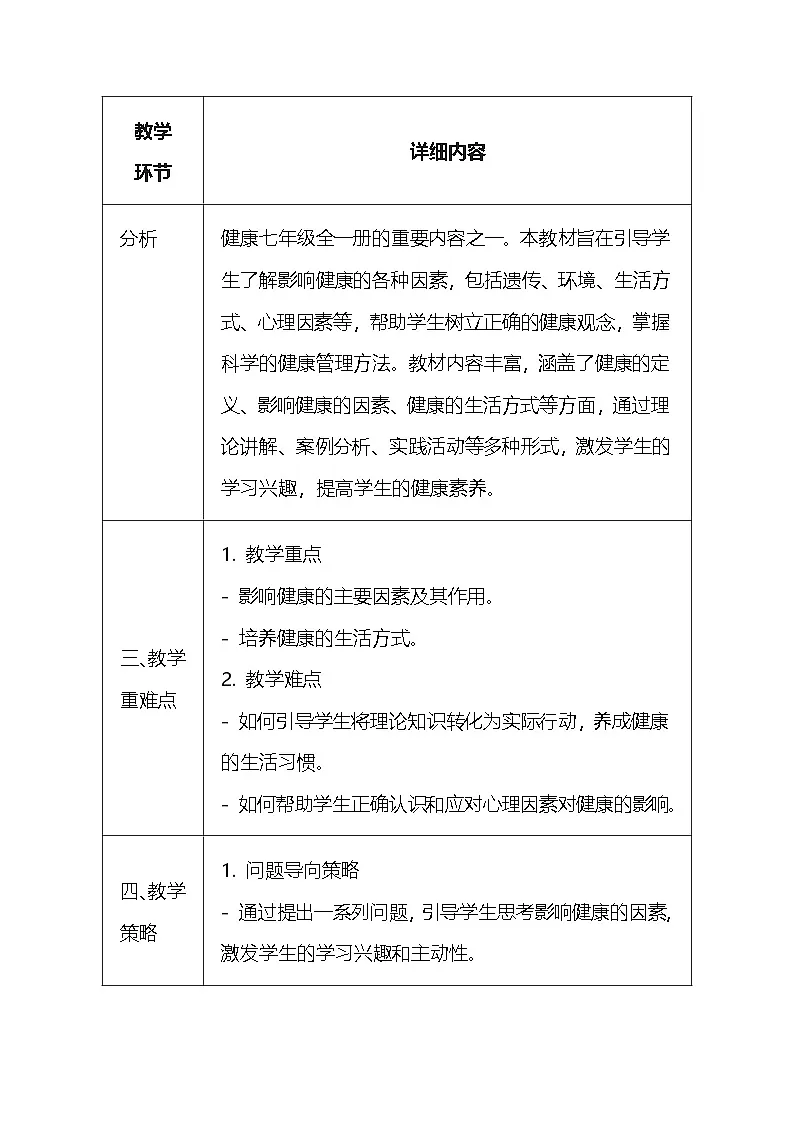 人教版（2024）七年级全一册体育与健康3 影响健康因素多 教案第2页